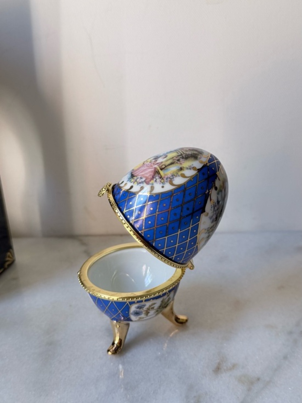 Blue Decorative Porcelain Egg Trinket Box with Gold Accents